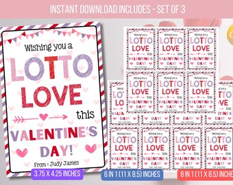 May include: Printable Valentine's Day cards with a pink and red color scheme. The cards feature the text "Wishing you a Lotto Love this Valentine's Day!" and come in two sizes: 3.75 x 4.25 inches and 6 in 1 (11 x 8.5 inches).