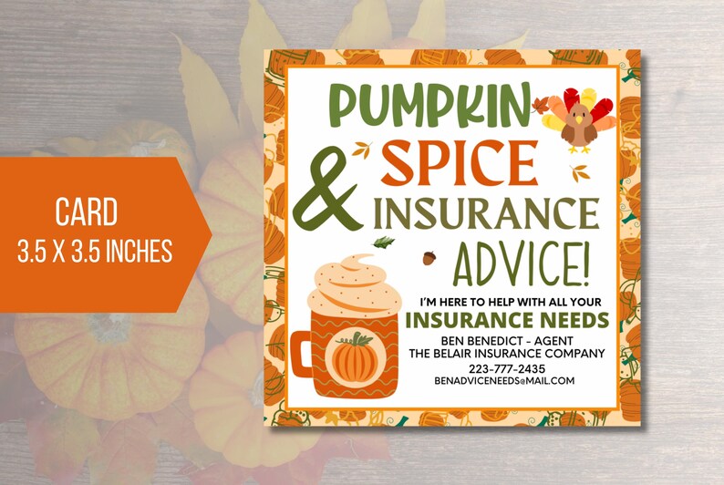 EDITABLE Pumpkin Spice & Insurance Advice Card, Fall Insurance