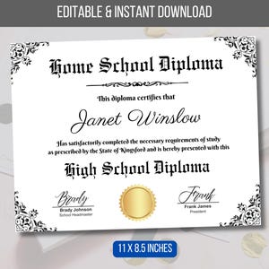 EDITABLE Home School Diploma, Home School High School Graduation Certificate Template Diploma Preschool Diploma, Graduation Instant Download