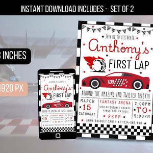 Könnte beinhalten: Druckbare Einladung zu einer ersten Geburtstagsfeier mit einem Rennwagen-Thema. Die Einladung zeigt ein rotes Rennauto vor einem karierten Hintergrund mit dem Text "Anthony's First Lap".