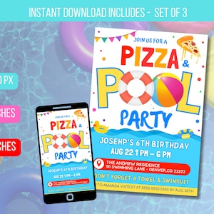 Uitnodiging voor pizza- en zwembadfeest, einde van schoolfeest, afdrukbare uitnodiging terug naar school, zomer kinderen jongens zwembad verjaardag, BEWERKBARE SJABLOON