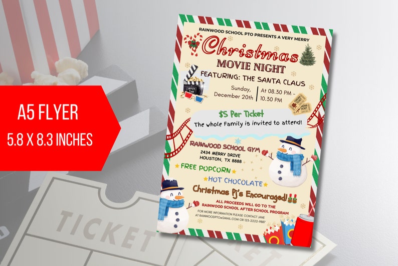 EDITABLE Christmas Movie Night Flyer, School Church Fundraiser Invite, PTA PTO Community Fundraiser Event Flyer Template Instant Download image 3