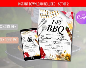 Modello di invito modificabile per barbecue "I Do", invito per festa di fidanzamento con barbecue, invito per coppia in giardino, invito per festa di fidanzamento estiva, download immediato