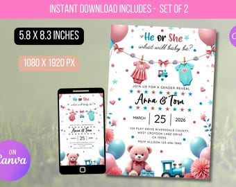 EDITABLE He Or She Gender Reveal Invitation, Gender Reveal Party Invitation, He Or She, Boy Or Girl Reveal Template Instant Download
