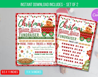 May include: Two printable signs for a Christmas bake sale fundraiser. The signs are red and white with a gingerbread man illustration. The left sign says "Christmas Bake Sale Fundraiser" and lists the date, time, and location. The right sign says "Christmas Bake Sale Fundraiser" and lists the prices for cookies, donuts, cakes, pies, cupcakes, and hot cocoa.