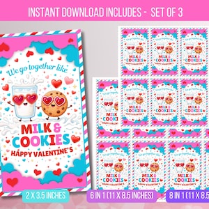 May include: A set of Valentine's Day digital prints featuring a milk and cookie cartoon couple with heart-shaped sunglasses. The prints include the text "We go together like MILK & COOKIES HAPPY VALENTINE'S". The set includes prints sized 2 x 3.5 inches, 6 in 1 (11 x 8.5 inches), and 8 in 1 (11 x 8.5 inches).