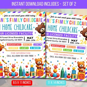 Può includere: Set di due volantini per l'infanzia con un design colorato. I volantini presentano un orsacchiotto, blocchi di costruzione e il testo "Jane's Family Childcare". I volantini sono disponibili in 21,59 x 27,94 cm e 27,94 x 35,56 cm.