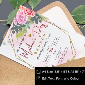 May include: A pink and gold printable invitation for a Mother's Day brunch. The invitation features a watercolor floral design with a gold heart and a geometric frame. The text reads "Join us for a Mother's Day Brunch" and includes details about the event, such as the date, time, and location.