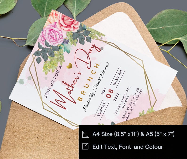 May include: A pink and gold printable invitation for a Mother's Day brunch. The invitation features a watercolor floral design with a gold heart and a geometric frame. The text reads "Join us for a Mother's Day Brunch" and includes details about the event, such as the date, time, and location.