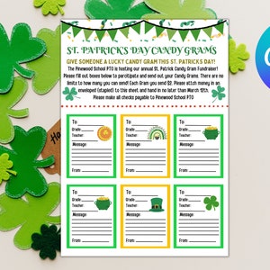 Editable St. Patricks Day Candy Gram Fundraiser Template |, School Daycare Fundraiser PTA PTO Nonprofit  Printable Flyer