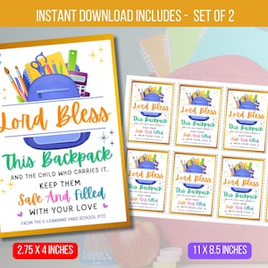 May include: A printable set of 2 Lord Bless This Backpack tags featuring a blue backpack, pencils, and other school supplies. The tags are 7 cm x 10 cm and are part of a set of 28 cm x 21.5 cm.