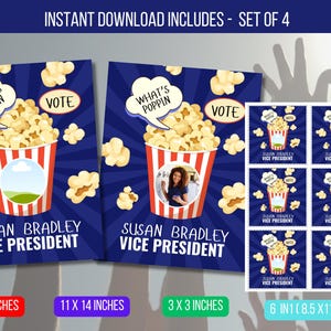 Peut inclure: Quatre pancartes de campagne électorale imprimables représentant un seau de pop-corn avec le texte "What's Poppin" et "Vote". Les pancartes sont en bleu, rouge et blanc avec un espace réservé pour une photo. Les pancartes sont disponibles en quatre tailles : 8,5 x 11 pouces, 11 x 14 pouces, 3 x 3 pouces et 6 en 1 8,5 x 11 pouces.