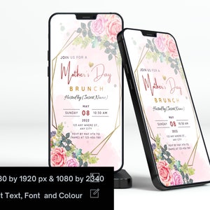 May include: A pink and gold digital invitation for a Mother's Day brunch. The invitation features a floral design with pink roses and green leaves. The text reads "Join us for a Mother's Day Brunch" and includes the date, time, and RSVP information.