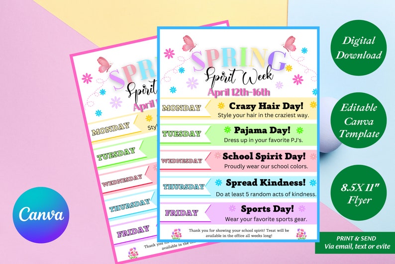 Spring Spirit Week Editable Itinerary Schedule | Printable DIY Spirit ...