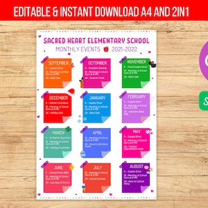 Editable Monthly Event Calendar Flyer Template, Year at a Glance, School Year Fundraiser Event, Volunteer Meeting Agenda