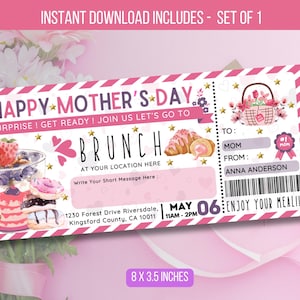 May include: A pink Mother's Day brunch ticket design with text that reads "Happy Mother's Day". The ticket includes illustrations of pastries, a basket of flowers, and a space to write a message. The ticket measures 8 x 3.5 inches.