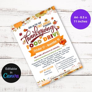 EDITABLE/PRINTABLE Thanksgiving Food Drive Flyer, Fall food drive flyer, Church/School Thanksgiving fundraiser, Food Drive poster