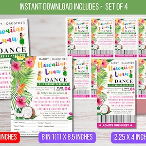 May include: Printable invitation and ticket set for a Hawaiian Luau dance party. The invitation features a tropical floral design with coconuts, palm leaves, and hibiscus flowers. The ticket is pink and white with a barcode and the text "Admits One Guest".