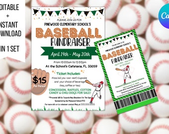 EDITABLE Baseballs Fundraiser Flyer Template With Ticket , Charity Non Profit Event  Sports Self Editing, Benefit Fundraiser Event Poster