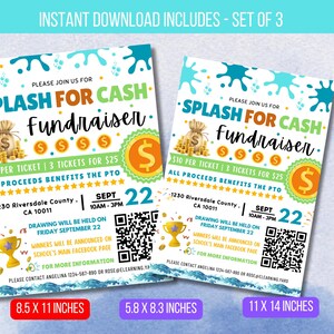 Folleto de recaudación de fondos Splash for Cash editable, recaudación de fondos para la escuela, folleto de recaudación de fondos para el verano, deportes de verano, descarga instantánea de la iglesia, asociación de padres y maestros (PTA) de la escuela