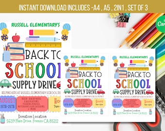 May include: Three colorful printable flyers for a back to school supply drive at Russell Elementary. The flyers feature a school bus, pencils, books, and a ruler. The flyers include the dates August 15th-25th, hours 9am-4pm, and a donation location at 5639 Plain Drive, Fresno CA 85212.