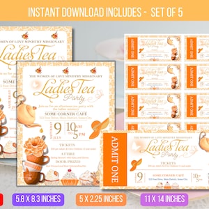 May include: A set of five printable Ladies Tea Party invitations and tickets. The designs feature floral and teacup illustrations in orange and brown, with text that reads "Ladies Tea Party". The sizes are 21.6 x 27.9 cm, 14.7 x 21.1 cm, 12.7 x 5.7 cm, and 27.9 x 35.6 cm.