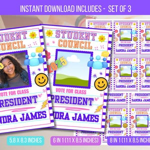 Peut inclure: Ensemble de trois affiches imprimables pour les élections au conseil étudiant. Les affiches présentent un cadre photo, le texte "Student Council", "Vote for Class President Sandra James", et l'année "2025". Les dimensions sont 14.7 x 21.1 cm, 6 en 1 (27.9 x 21.6 cm), et 8 en 1 (27.9 x 21.6 cm).