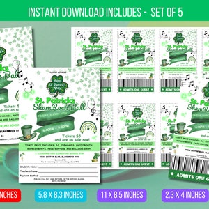 Op de afbeelding: Een set van vijf St. Patrick's ShamRock Ball-afdrukken. De ontwerpen omvatten een flyer, tickets en een formulier, allemaal met groene klavers, een kabouterhoed en de evenementdetails. De flyer is 21,6 x 27,9 cm, en de tickets zijn 5,8 x 10,2 cm.
