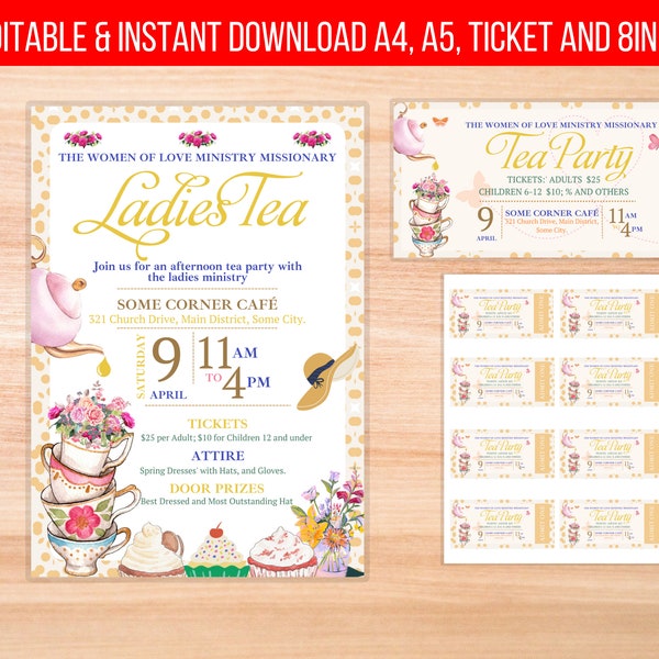 Orange Tone Ladies Tea Event Flyer Printable,  Pink and Gold Par-tea Invite Template, Brunch Women's Ministry High Tea Coffee Hat Teacup