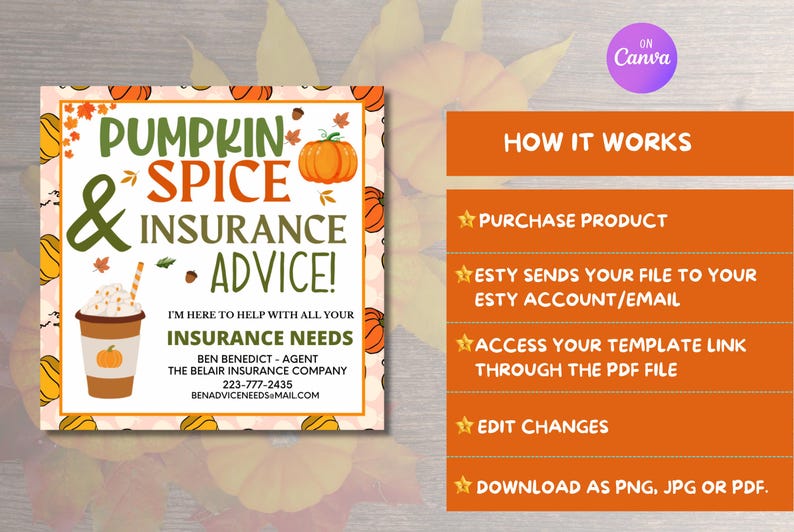 EDITABLE Pumpkin Spice & Insurance Advice Card, Fall Insurance