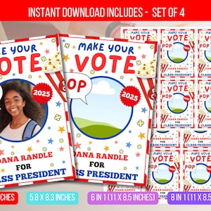 Peut inclure: Ensemble de 4 affiches imprimables aux couleurs rouge, blanc et bleu. Les affiches indiquent "Make Your Vote POP" et "Joana Randle for Class President". Disponibles en 21,6 x 27,9 cm et 14,7 x 21,1 cm.