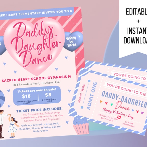 EDITABLE Daddy Daughter Sweetheart Valentine's Day Dance, School Dance Flyer Party Invite, Church Community Event, pto pta, INSTANT DOWNLOAD