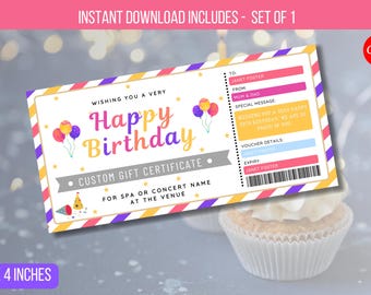 Op de afbeelding: Een afdrukbare cadeaubon-sjabloon met een kleurrijke gestreepte rand en ballonnen. De tekst luidt "Wishing you a very Happy Birthday" en "Custom Gift Certificate".
