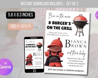 EDITABLE Bun In The Oven and Burgers On The Grill Invite, BBQ Baby Shower Invite, Backyard Couples Baby Shower, Digital Instant Download