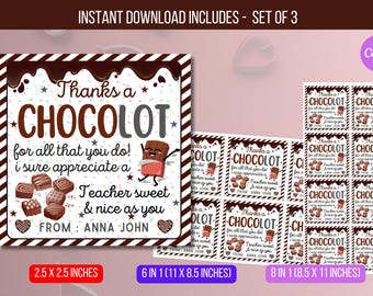EDITABLE Thanks A Choco-Lot Teacher Appreciation Tag, Chocolate Gift Tag, Thank You Teacher School Staff Tag Template Instant Download
