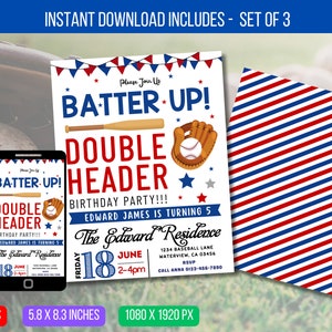 May include: A set of three printable baseball-themed birthday party invitations. The invitation features a red, white, and blue color scheme with a baseball bat, glove, and stars. The text on the invitation reads "Batter Up! Double Header Birthday Party!!! Edward James is turning 5".