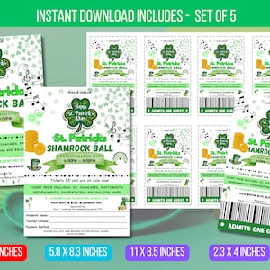 May include: Printable St. Patrick's Day Shamrock Ball invitation and ticket template set. The invitation features a green shamrock, gold coins, and musical notes. The ticket is green and white with the text "St. Patrick's Shamrock Ball" and "Admits One Guest".