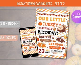 EDITABLE Our Little Turkey Birthday Invite, Thanksgiving Party Invitation, Autumn FalI Invite Pumpkin Patch Digital Invite Instant Download