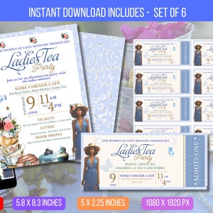 Puede incluir: Un conjunto de descarga digital de seis invitaciones y entradas para Ladies Tea Party. Las invitaciones son de color azul claro con detalles florales y de mariposas. Las entradas son rectangulares con una mujer con un vestido azul.