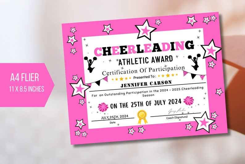 EDITABLE Cheerleader Certificate, Cheer Certificates Sports Award