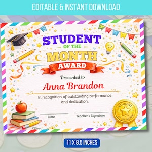 Peut inclure: Certificat de récompense "Étudiant du mois" coloré. Le design comprend un chapeau de remise de diplôme, des crayons, une pomme sur des livres et une médaille d'or. Le certificat mesure 27,94 x 21,59 cm et contient le texte "Téléchargement modifiable et instantané".