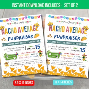 Puede incluir: Dos folletos imprimibles para una recaudación de fondos Nacho Average. Los folletos están decorados con confeti de colores e imágenes de dibujos animados de nachos. Los folletos anuncian una recaudación de fondos para la escuela E-Learning Yard, con el evento que tendrá lugar el 15 de diciembre de 8:00 a 13:00. Los folletos incluyen la dirección de la escuela, las opciones de comida y el precio por estudiante y adulto.