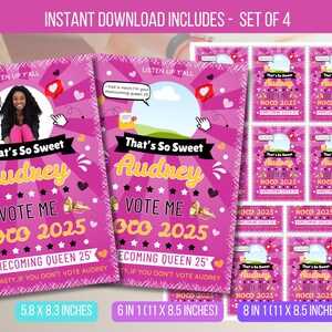 Peut inclure: Ensemble de quatre modèles numériques roses pour une campagne de Reine du Bal de fin d'année. Les modèles incluent le texte "That's So Sweet Audrey", "Votez-moi HOCO 2025" et "Reine du Bal de fin d'année 25". Les tailles sont 14.7 x 21.1 cm, 6 en 1 (27.9 x 21.6 cm) et 8 en 1 (27.9 x 21.6 cm).