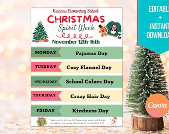 Christmas  Spirit Week Editable Itinerary Schedule | Printable DIY Spirit Week | School PTO/ PTA  Monthly Planner Flyer Instant Download