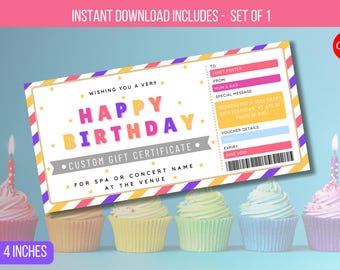 Op de afbeelding: Een afdrukbare verjaardagsgiftbon-sjabloon met een kleurrijke gestreepte rand en sterren. De tekst luidt "Wishing you a very Happy Birthday" en "Custom Gift Certificate". Het certificaat is 8x4 inch.