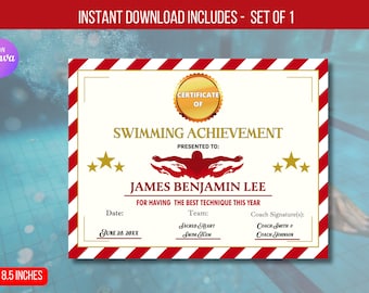 May include: A red, white, and gold swimming achievement certificate with a swimmer silhouette. The certificate is for James Benjamin Lee, dated June 28, 20XX. It states "For having the best technique this year".