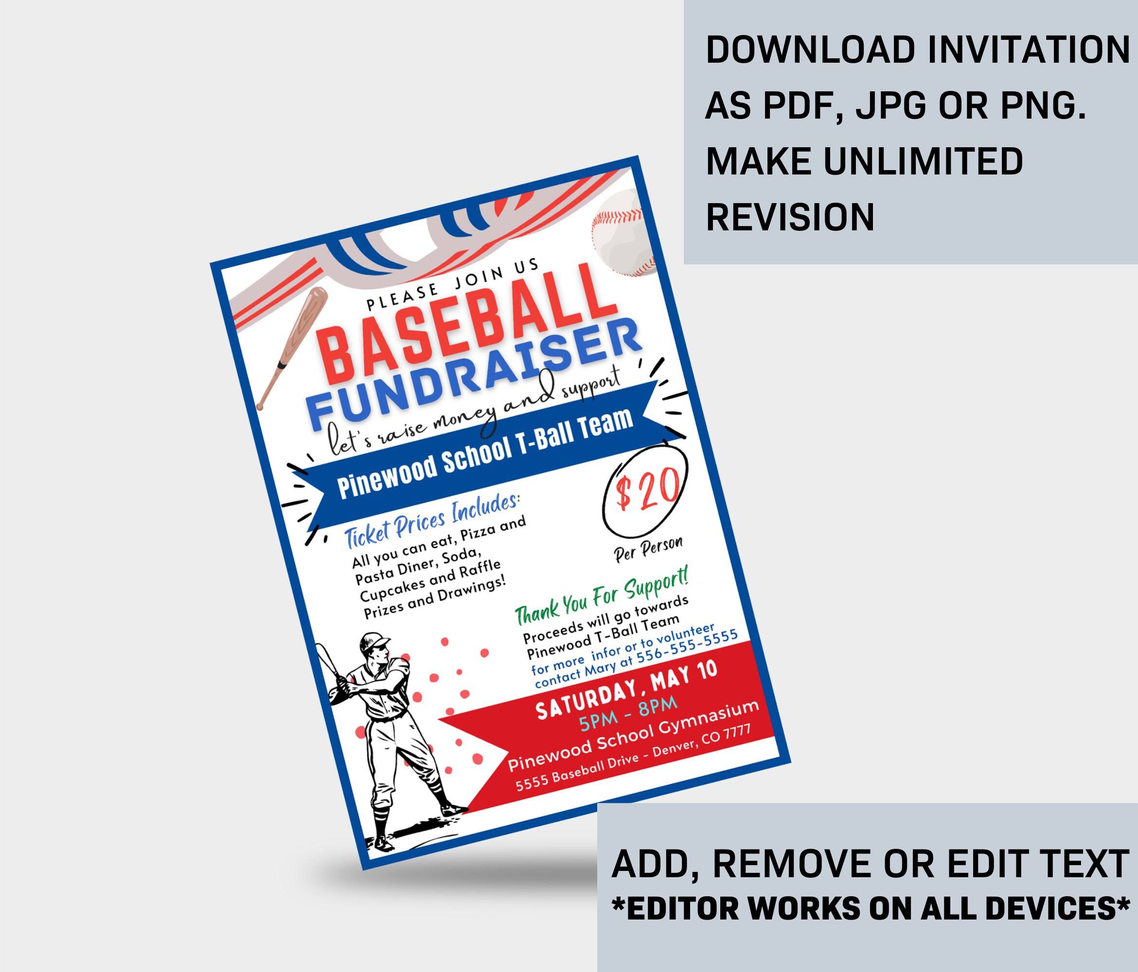 EDITABLE Baseball Fundraiser Flyer School Benefit Poster Etsy