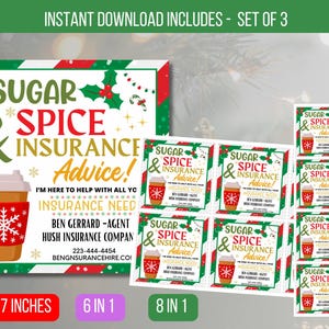 編集可能なシュガースパイス＆アドバイスクリスマスギフトタグ、保険マーケティングタグ、エージェントホリデー紹介タグ、印刷可能なカードの即時ダウンロード