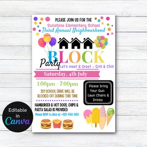 Invitation à une fête de quartier, modifiable, fête de rue, dépliant pour un dîner communautaire, dépliant pour une fête de quartier, invitation à une journée portes ouvertes de quartier.