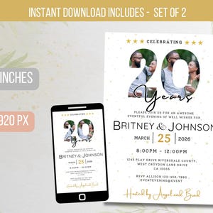 Convite EDITÁVEL para 20 anos de casamento, convite branco e dourado, modelo moderno de convite de aniversário com confete dourado para download instantâneo